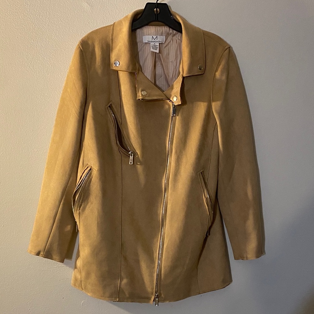 Magaschoni Camel Suede Moto Coat with Asymmetric Zip